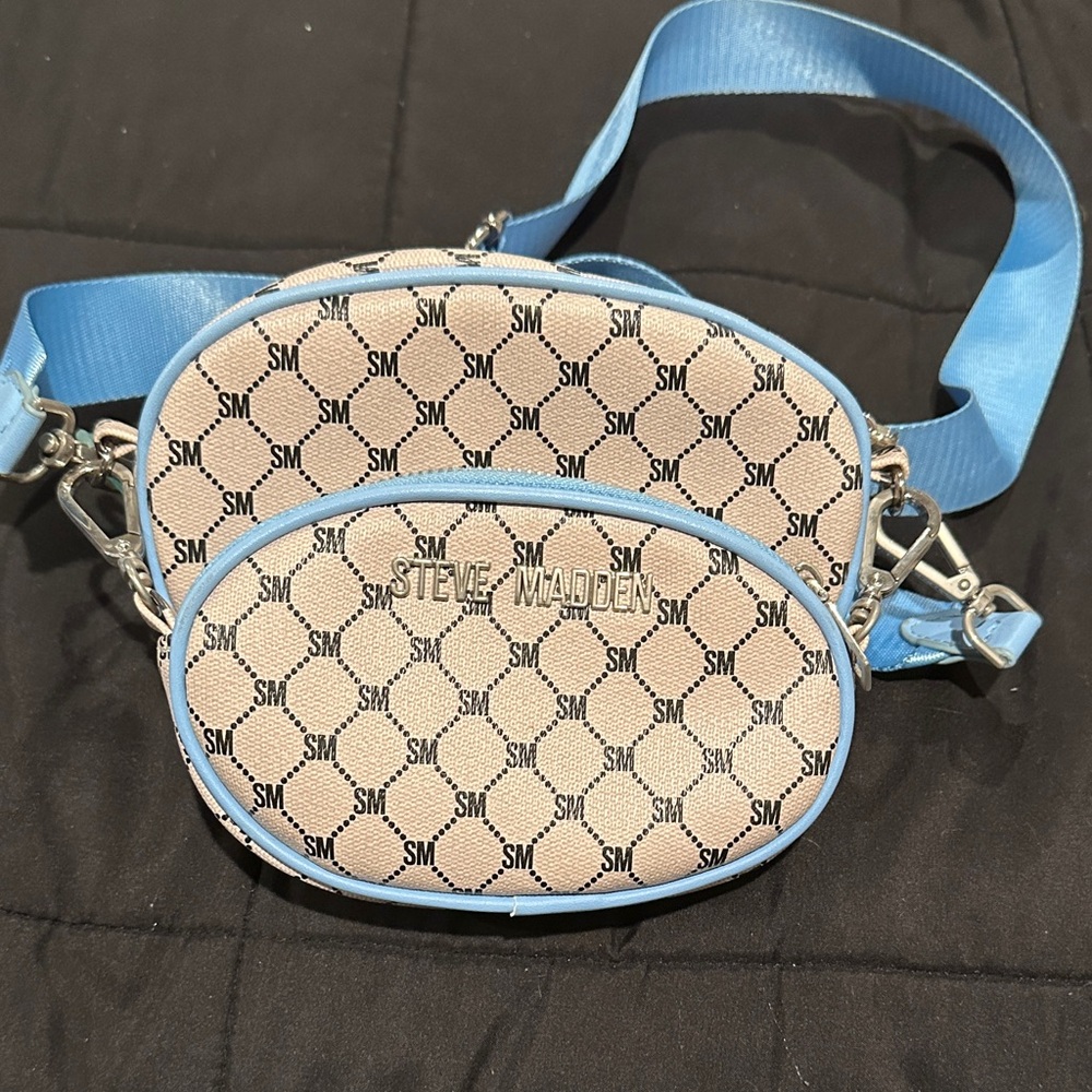 Steve Madden Cream Logo Crossbody with Light Blue Trim